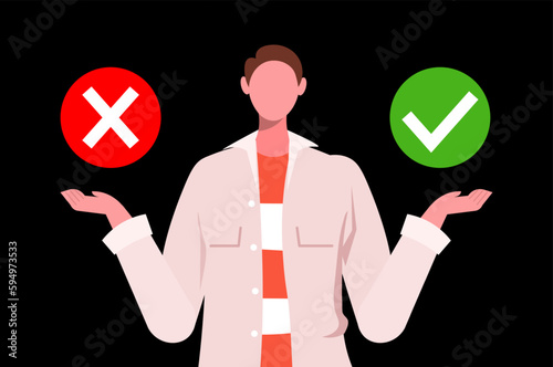 Businessman choose between yes or no answers in indecision pondering choice to make the right decision. Business decisions right or wrong, true or false, correct and incorrect, moral choosing option