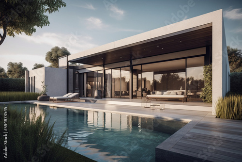 Design house - modern villa with open plan living and private bedroom wing. Large terrace with privacy and, swimming pool generative AI © Daniel