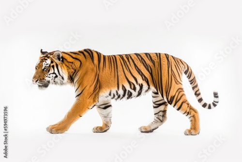 majestic tiger walking on a plain white background. Generative AI © 2rogan