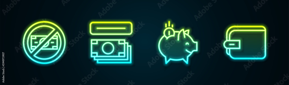 Set line No money, ATM and, Piggy bank with coin and Wallet. Glowing neon icon. Vector Set line No money, ATM and, Piggy bank with coin and Wallet. Glowing neon icon. Vector