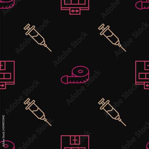 Set line Gym building, Doping syringe and Tape measure on seamless pattern. Vector