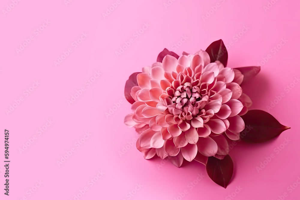 Obraz premium Background of rose flower on a pink background. Top view copy space. Ai generative