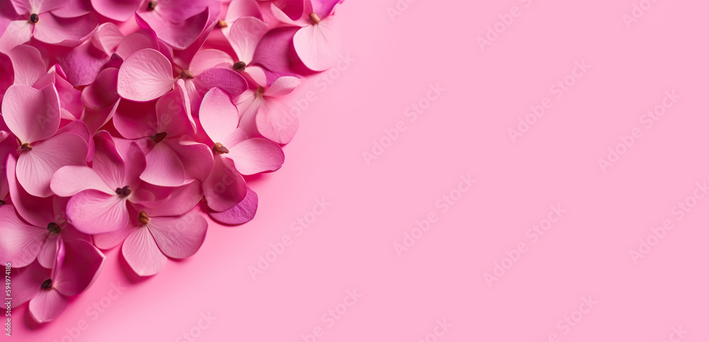 Background of rose petals on a pink background. Top view copy space. Ai generative