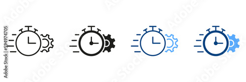 Gear and Clock Line and Silhouette Icon Set. Optimization Process Symbol Collection. Cog Wheel and Watch Deadline, Settings, Control Time and Efficiency Pictogram. Isolated Vector Illustration
