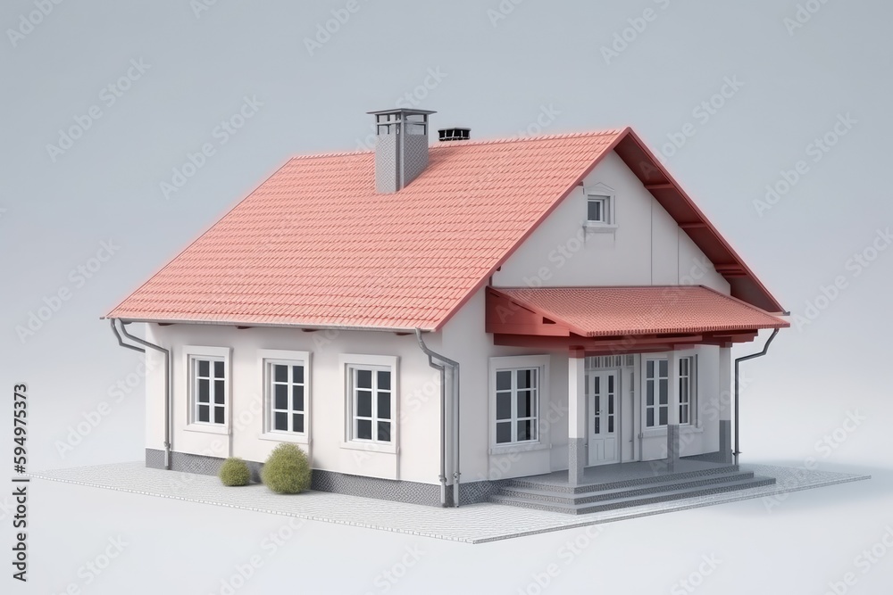 charming little house with a bright red roof and white walls. Generative AI