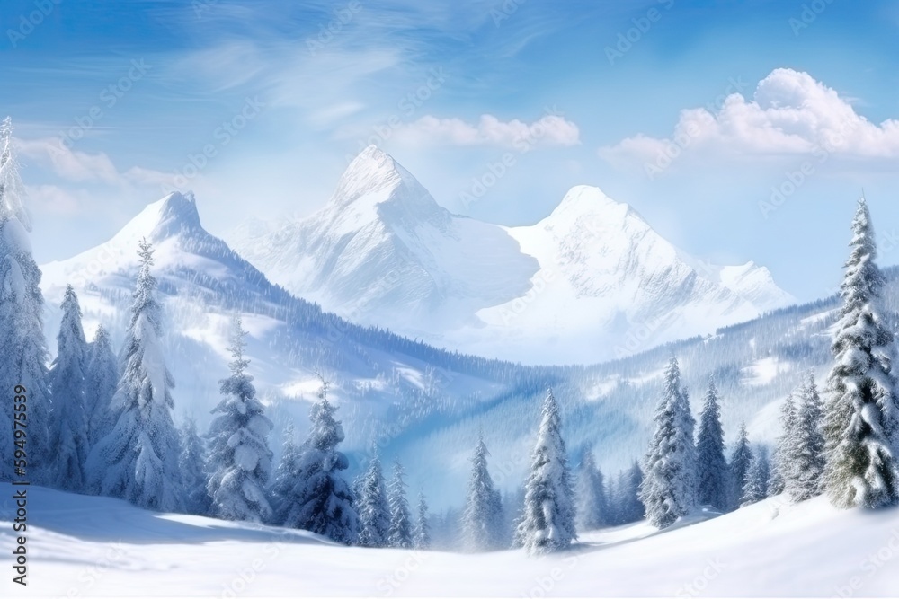 winter landscape with snow-covered mountains and trees. Generative AI