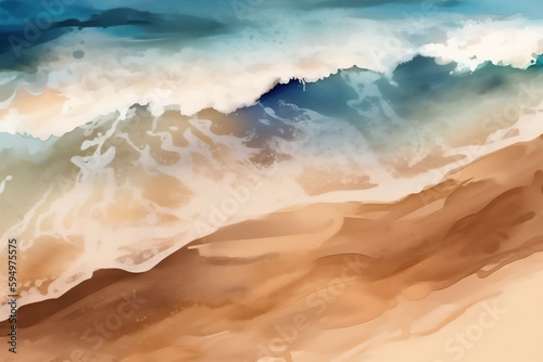 generative AI ilustration watercolor paint of a aerial top view of a beach and ocean waves