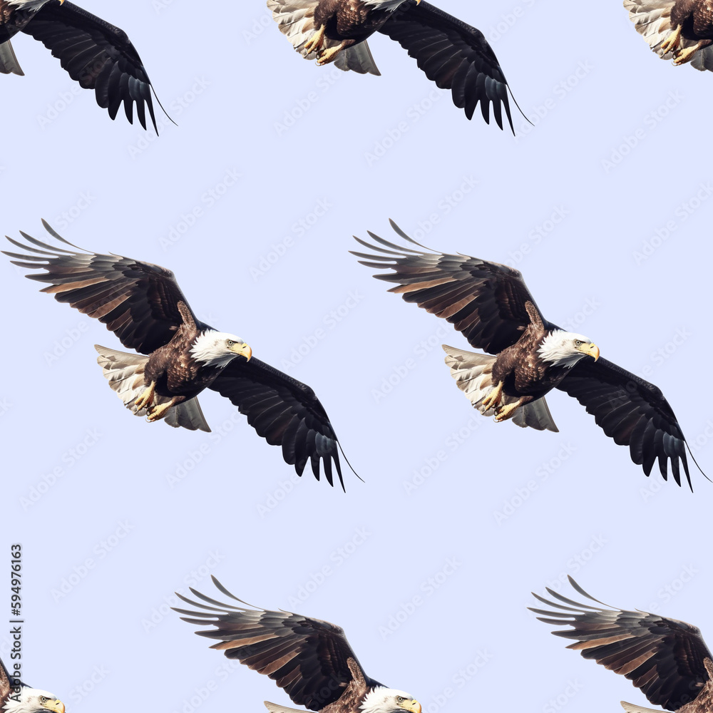 Fototapeta premium Seamless pattern of flying majestic bald eagle on blue background. Bald eagle soaring in the sky hunts looking for prey repeating on blue background. Generative AI