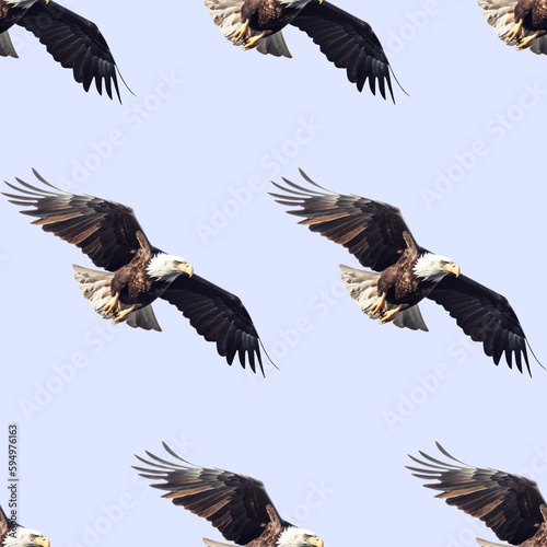 Seamless pattern of flying majestic bald eagle on blue background. Bald eagle soaring in the sky hunts looking for prey repeating on blue background. Generative AI