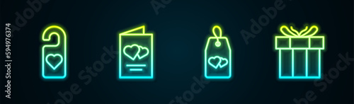Set line Please do not disturb with heart, Valentines day flyer, and Gift box. Glowing neon icon. Vector