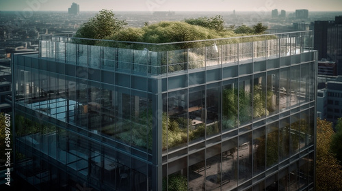 Modern office building with a glass facade and greenery on the rooftop. Generative AI © Aram