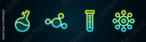 Set line Test tube, Molecule, and Virus. Glowing neon icon. Vector