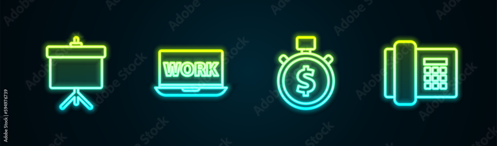 Set line Chalkboard with diagram, Laptop text work, Time is money and Telephone. Glowing neon icon. Vector
