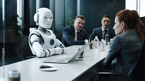 AI Robot meeting with executives in office. IT team of future. Futuristic worker. Giving business guidance.
generative ai