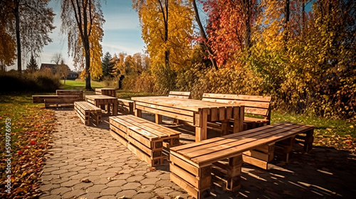 Benches and a table made of euro pallets  Outdoor furniture. Generative AI