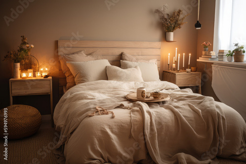 A cozy bedroom with stylish decor  a wooden bedside table  a pottery jar  a book  lovely bed linens  a blanket  pillows  and other personal items  generative AI