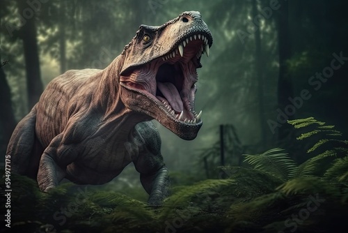 roaring T-Rex dinosaur in a lush green forest. Generative AI