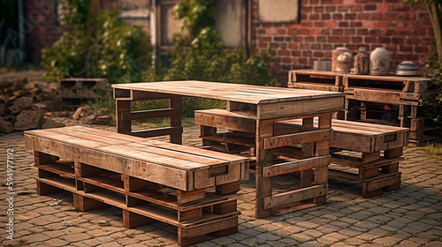 Benches and a table made of euro pallets, Outdoor furniture. Generative AI