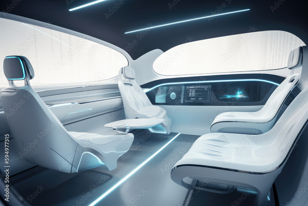 Autonomous vehicle concept interior. Helpful driving aids, generative AI