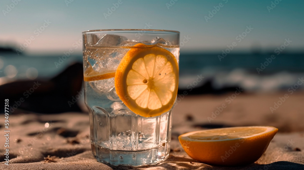 Cold drink with ice and a slice of lemon on the beach on a hot summer ...
