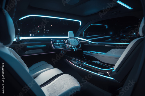 Autonomous vehicle concept interior. Helpful driving aids, generative AI
