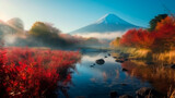 Colorful Autumn Season and Mount Fuji with morning fog and red leaves. Generative AI