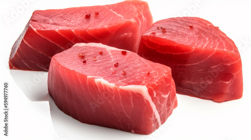 Fresh tuna steaks isolated on white background. Generative AI