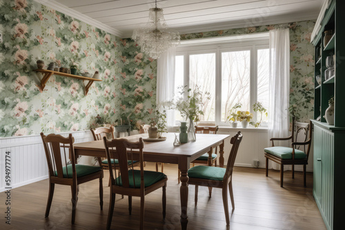 White green wooden farmhouse dining room. Floral wallpaper, seats, table. Japanese interiors, generative AI