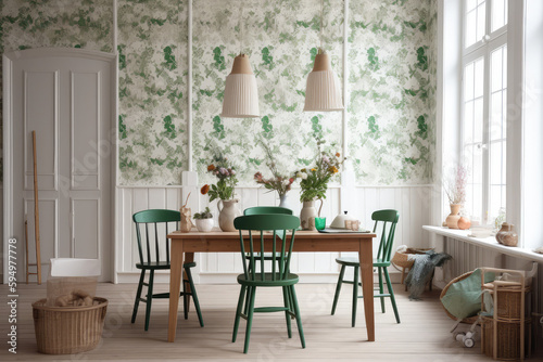 White green wooden farmhouse dining room. Floral wallpaper  seats  table. Japanese interiors  generative AI