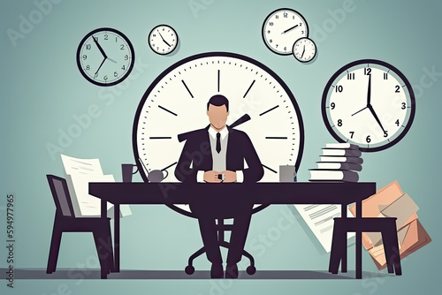 illustration of business man in office with clocks, time business concept, generative ai