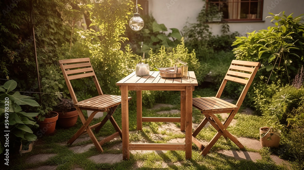 Home design table and chairs in garden. Generative AI