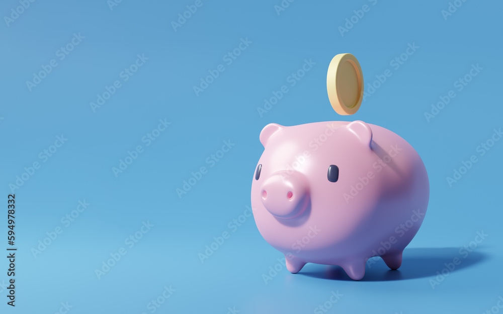 pink piggy bank money box and coin 3d render