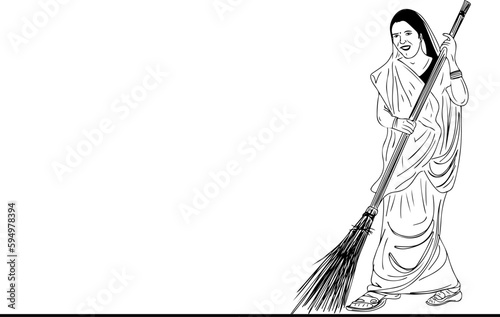 Sketch drawing of Indian cleaning woman, Female sweeper illustration, human scavenging drawing