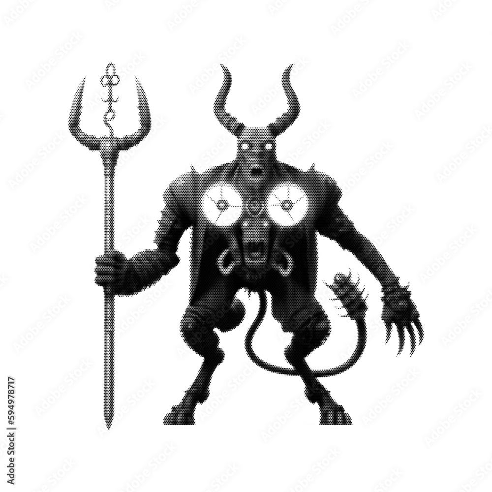 Biomechanical Demon with horns and tail holding a trident. Dieselpunk style. Vector illustration. Halftone design. Biomechanical Demon with horns and tail holding a trident. Dieselpunk style. Vector illustration. Halftone design.