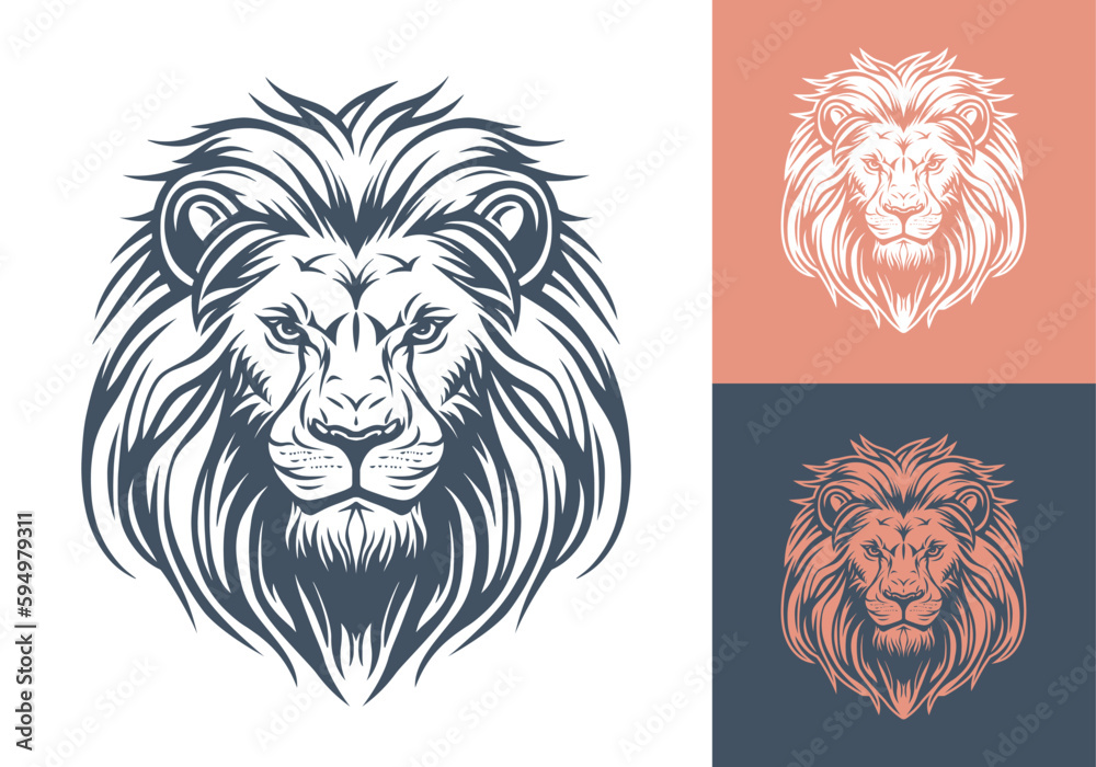Obraz premium Lion head logo template design line art vector illustration isolated on white and dark backgrounds. Lion face with mane hair brand identity logotype design.