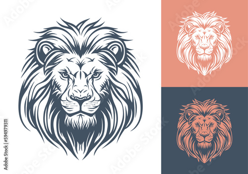 Lion head logo template design line art vector illustration isolated on white and dark backgrounds. Lion face with mane hair brand identity logotype design.