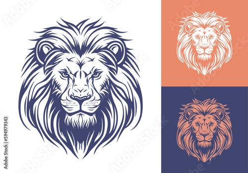 Lion face front view logotype line art eps vector art image illustration. Lion head with mane hair business company logo design and brand identity graphic.