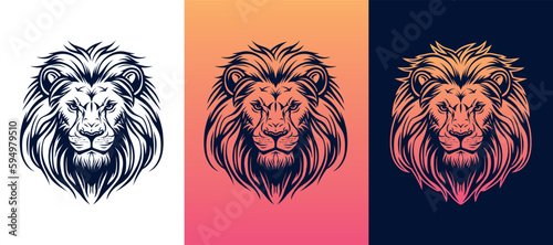 Lion face front view vector art image business company logo template, brand identity logotype on white and dark backgrounds.