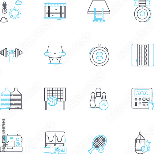 Water sports linear icons set. Surfing, Kayaking, Swimming, Diving, Rowing, Paddleboarding, Sailing line vector and concept signs. Windsurfing,Boating,Tubing outline illustrations
