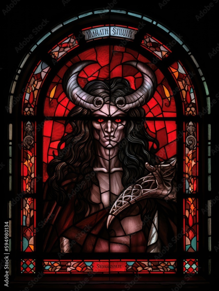 Stained glass window with the image of Devil or Satana generative ai
