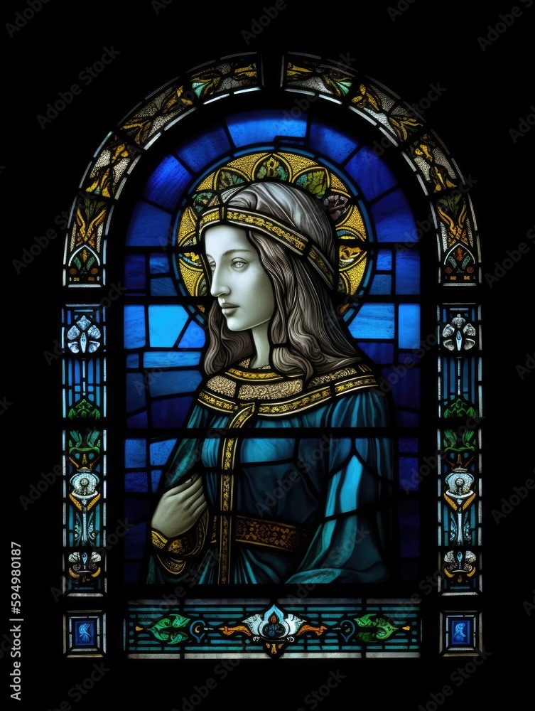 Stained glass window with the image of saint woman in blue tones generative ai