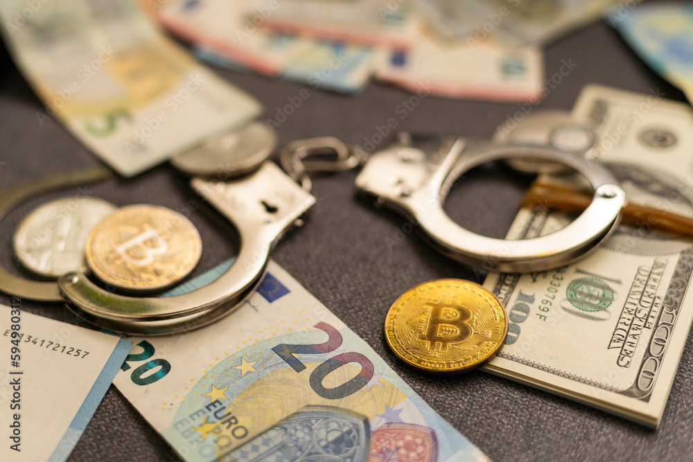Bitcoins and handcuffs as an abstract symbol of crime that can hide a crypto currency.