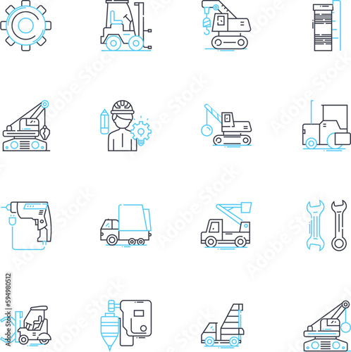 Agricultural equipment linear icons set. Tractor, Harvester, Seeder, Planter, Plow, Cultivator, Irrigator line vector and concept signs. Sprayer,Mower,Grain cart outline illustrations