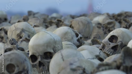 A pile of human Skulls. 3D cinematic.