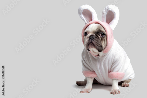 a french bulldog dressed in a cute bunny costume. false hare, Generative AI 