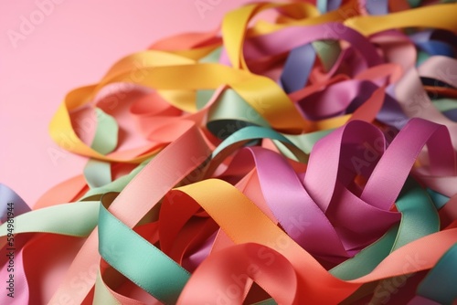 Multicolour ribbons on pink background, cancer awareness, World cancer day. Generative AI