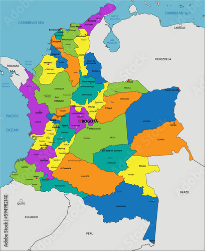 Colorful Colombia political map with clearly labeled, separated layers. Vector illustration.