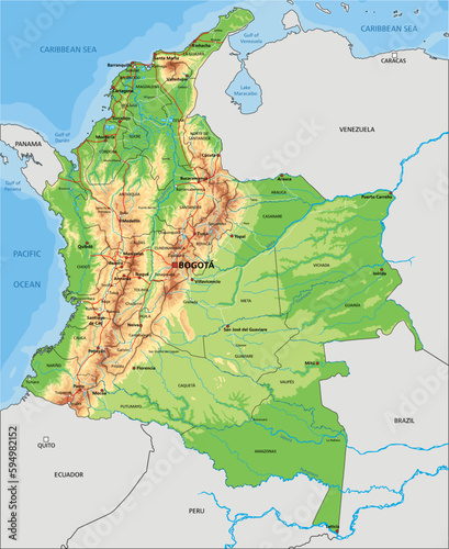High detailed Colombia physical map with labeling.