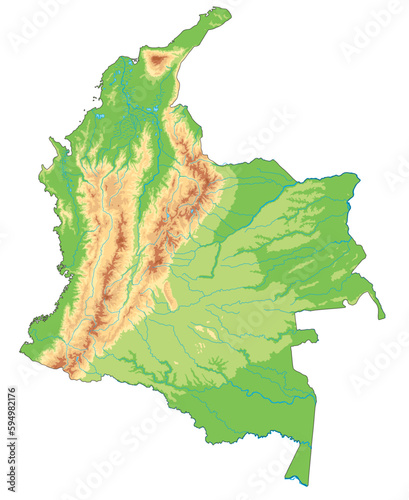 High detailed Colombia physical map.