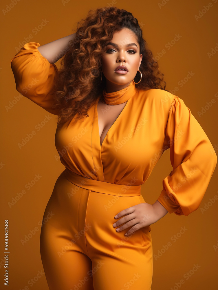 Plus size model poses in a stylish costume standing against the wall in ...